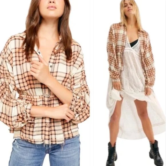 Free People Tops - Free People We The Free Pacific Dawn Plaid Shirt Size Large NWT Peach Tree Combo